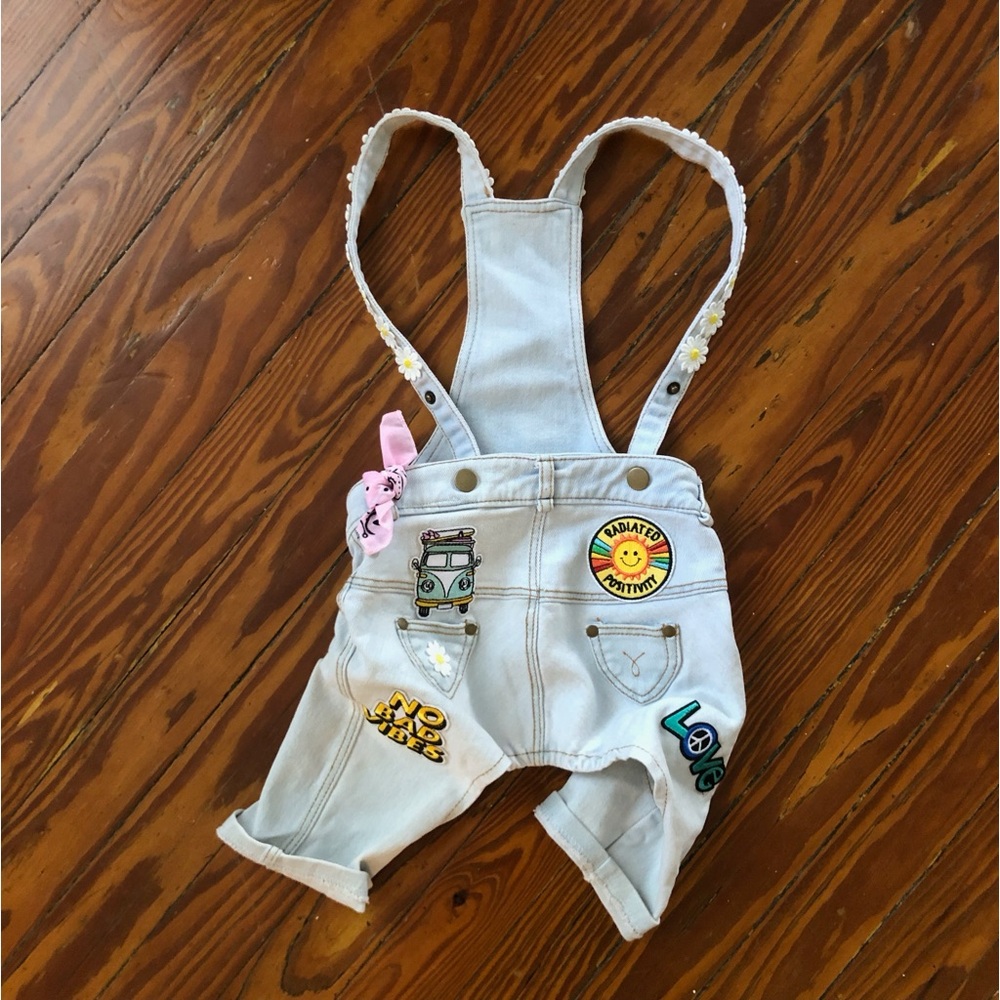 Heads or Tails Pup Small Dog Overalls with hippie patches